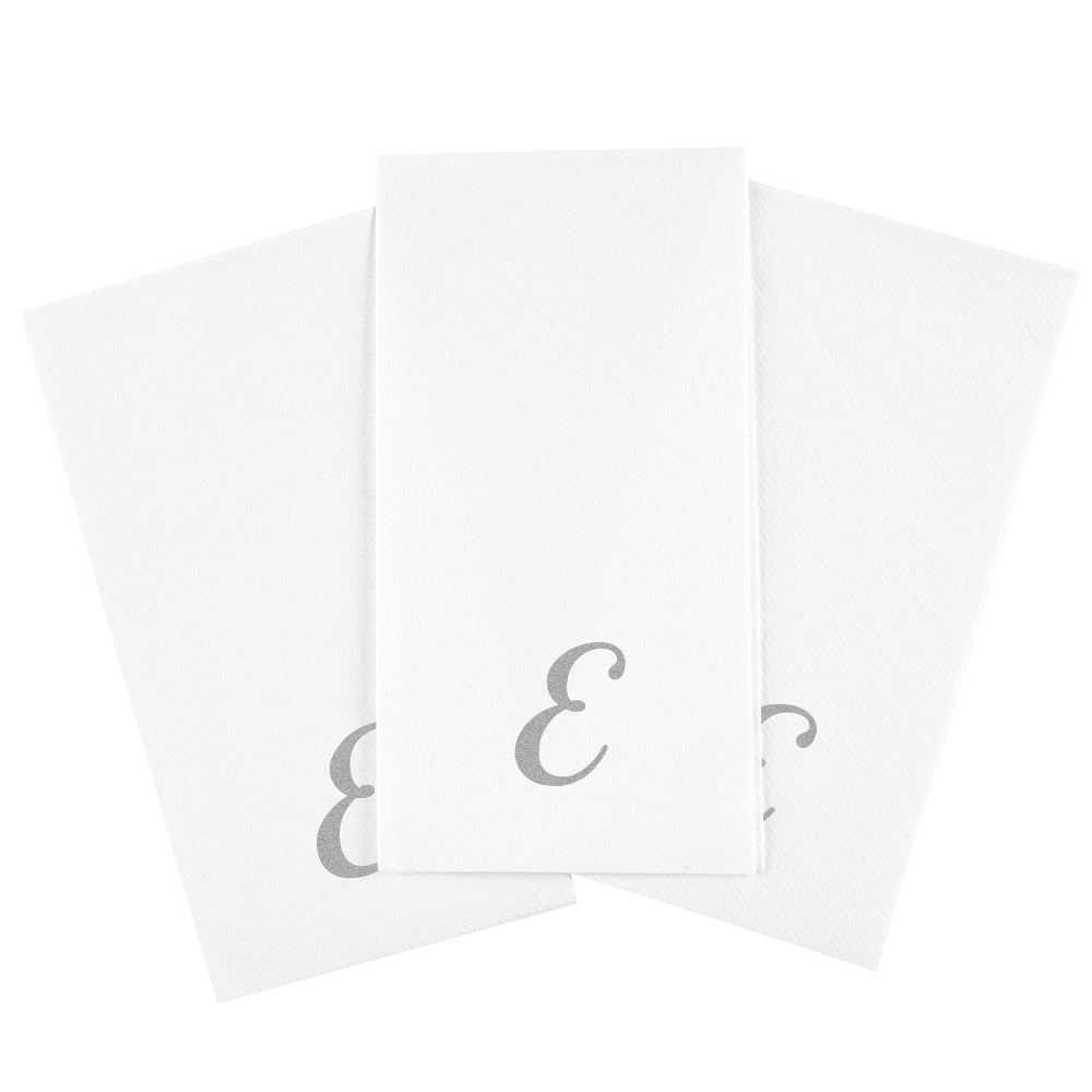 Luxenap Rectangle Silver Letter E White Paper Linen-Feel Guest Towel / Napkin - Air Laid, Cursive Font - 15 3/4" x 8" - 50 count box
