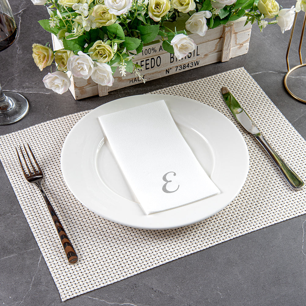 Luxenap Rectangle Silver Letter E White Paper Linen-Feel Guest Towel / Napkin - Air Laid, Cursive Font - 15 3/4" x 8" - 50 count box