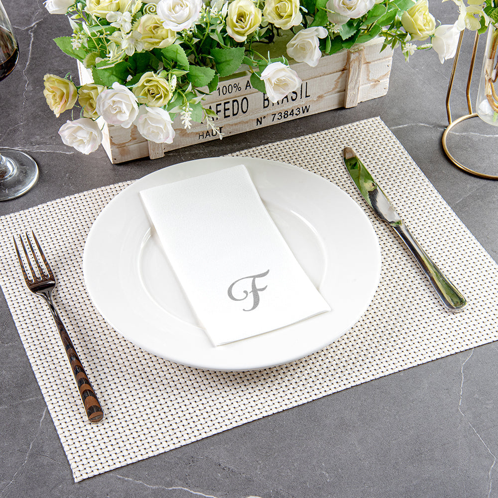 Luxenap Rectangle Silver Letter F White Paper Linen-Feel Guest Towel / Napkin - Air Laid, Cursive Font - 15 3/4" x 8" - 50 count box