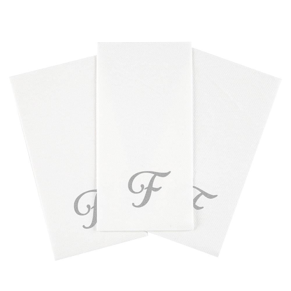 Luxenap Rectangle Silver Letter F White Paper Linen-Feel Guest Towel / Napkin - Air Laid, Cursive Font - 15 3/4" x 8" - 2000 count box