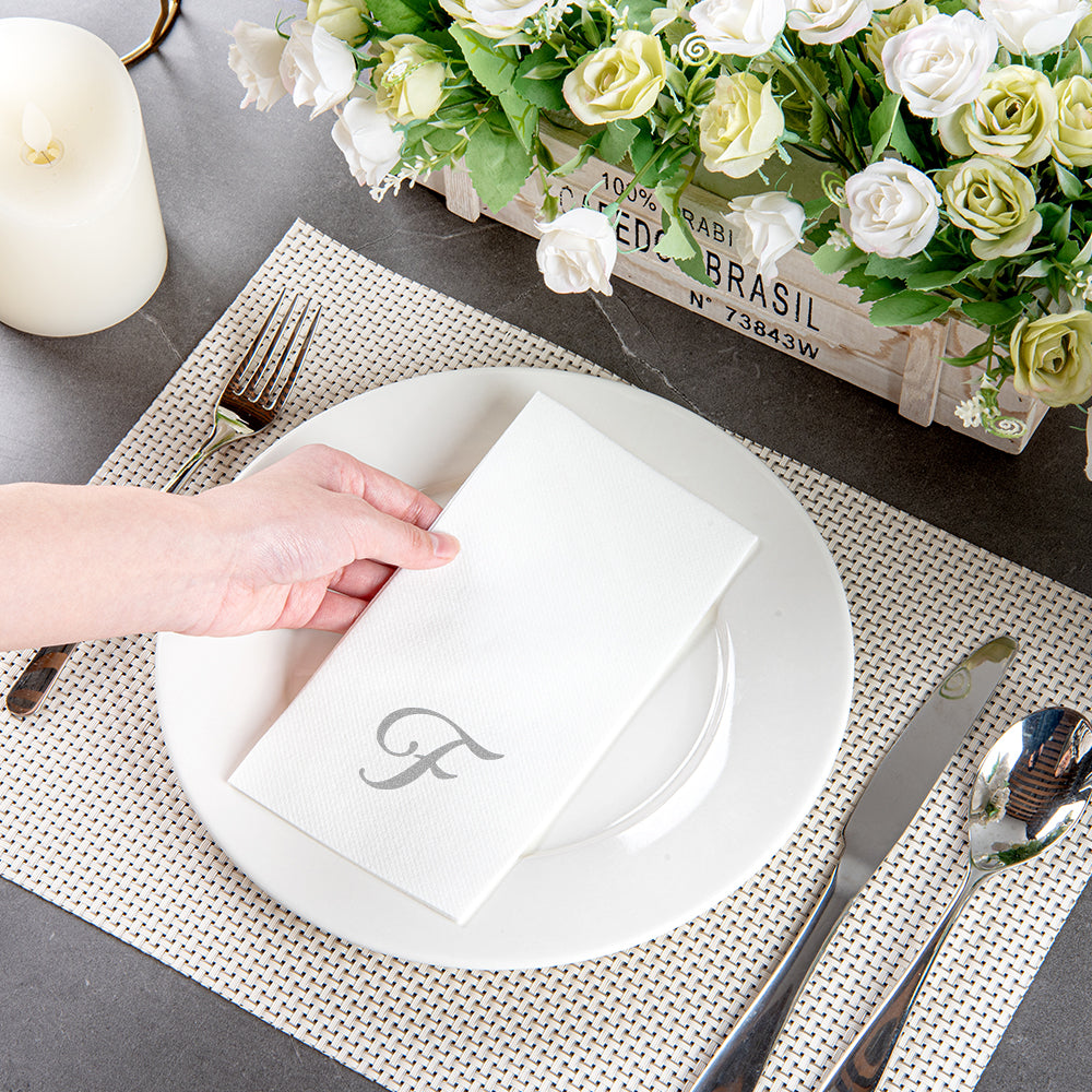 Luxenap Rectangle Silver Letter F White Paper Linen-Feel Guest Towel / Napkin - Air Laid, Cursive Font - 15 3/4" x 8" - 2000 count box