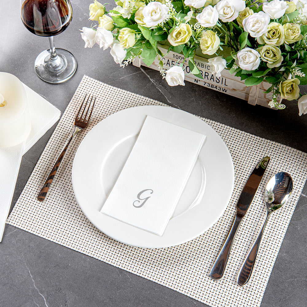 Luxenap Rectangle Silver Letter G White Paper Linen-Feel Guest Towel / Napkin - Air Laid, Cursive Font - 15 3/4" x 8" - 50 count box