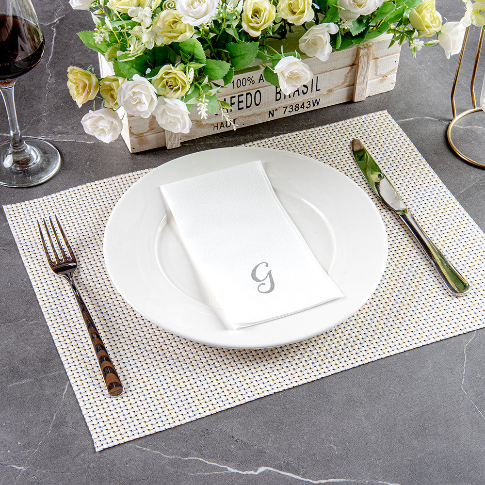 Luxenap Rectangle Silver Letter G White Paper Linen-Feel Guest Towel / Napkin - Air Laid, Cursive Font - 15 3/4" x 8" - 50 count box