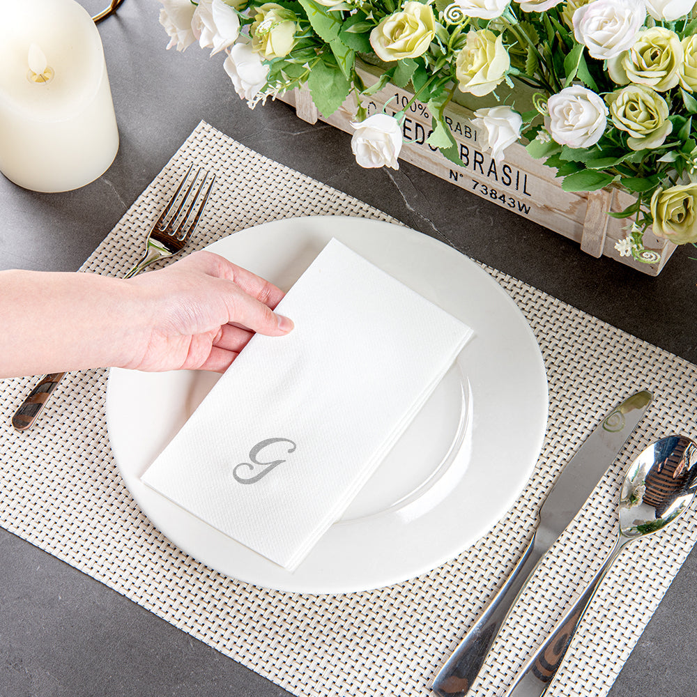 Luxenap Rectangle Silver Letter G White Paper Linen-Feel Guest Towel / Napkin - Air Laid, Cursive Font - 15 3/4" x 8" - 2000 count box