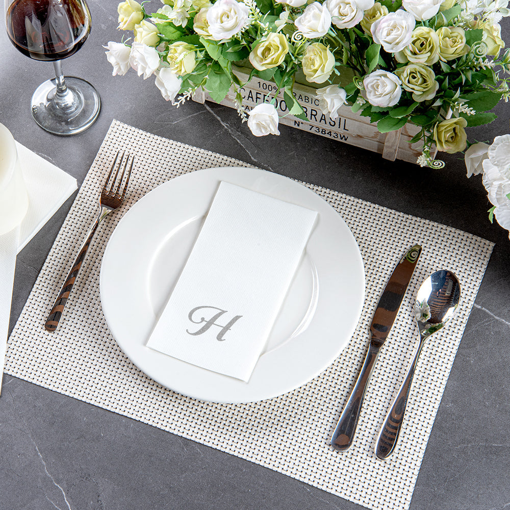 Luxenap Rectangle Silver Letter H White Paper Linen-Feel Guest Towel / Napkin - Air Laid, Cursive Font - 15 3/4" x 8" - 2000 count box