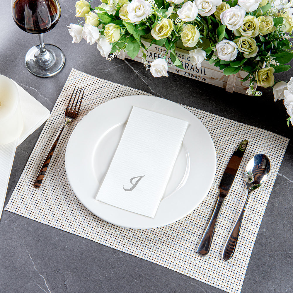 Luxenap Rectangle Silver Letter I White Paper Linen-Feel Guest Towel / Napkin - Air Laid, Cursive Font - 15 3/4" x 8" - 2000 count box