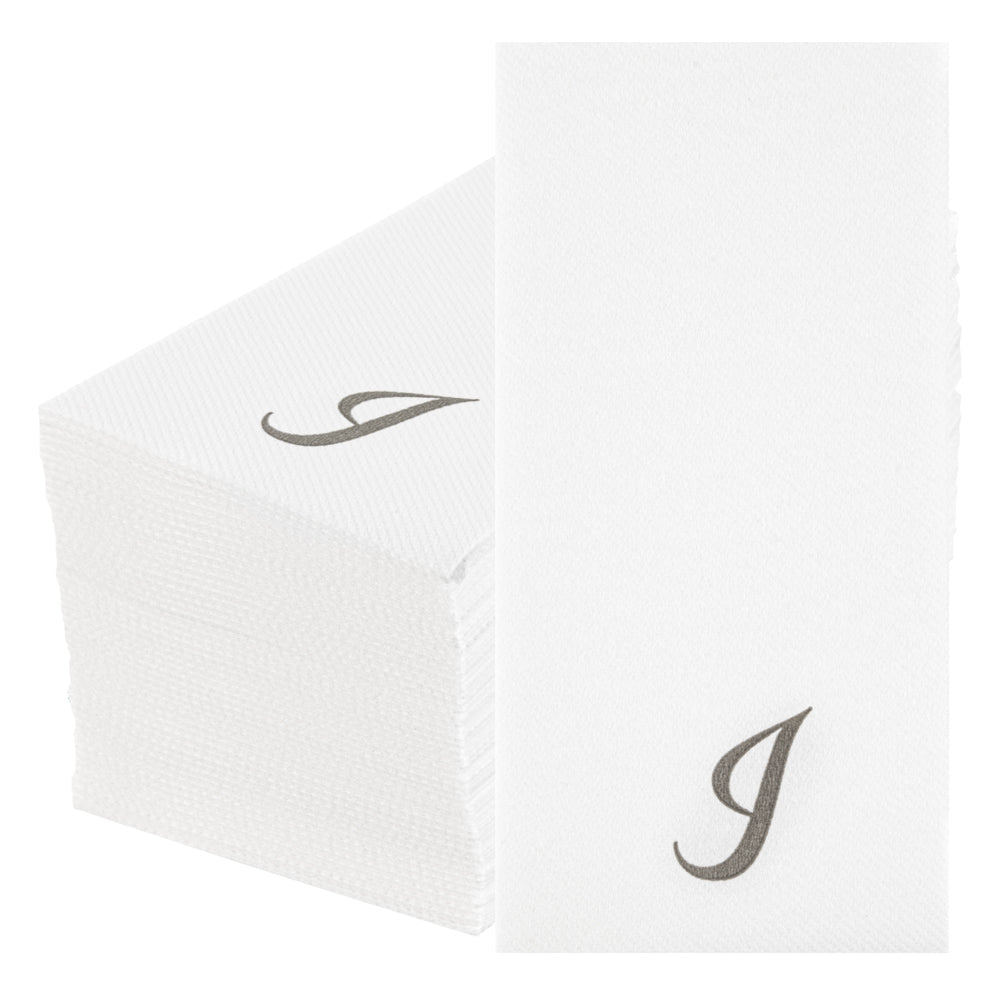 Luxenap Rectangle Silver Letter I White Paper Linen-Feel Guest Towel / Napkin - Air Laid, Cursive Font - 15 3/4" x 8" - 50 count box