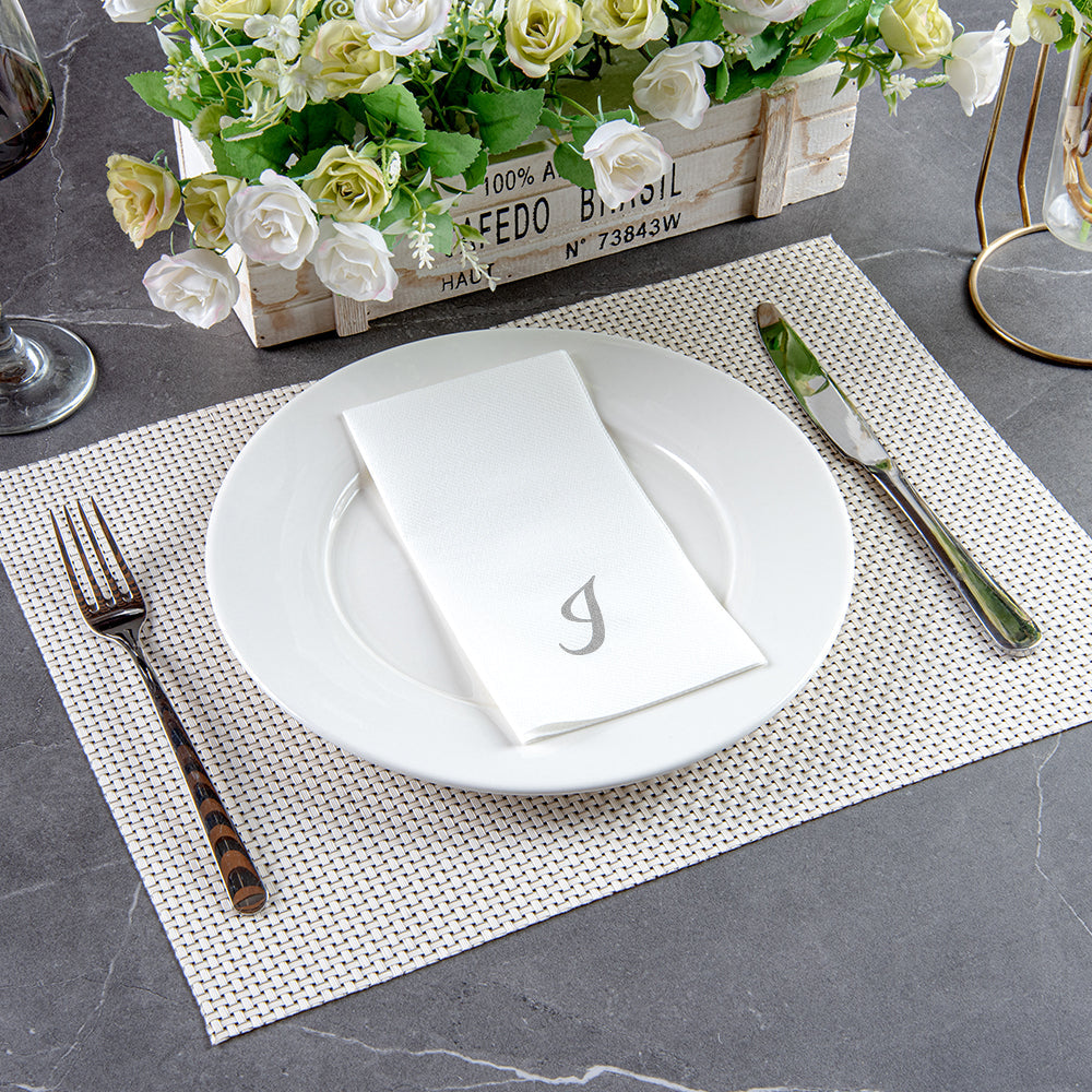 Luxenap Rectangle Silver Letter I White Paper Linen-Feel Guest Towel / Napkin - Air Laid, Cursive Font - 15 3/4" x 8" - 2000 count box