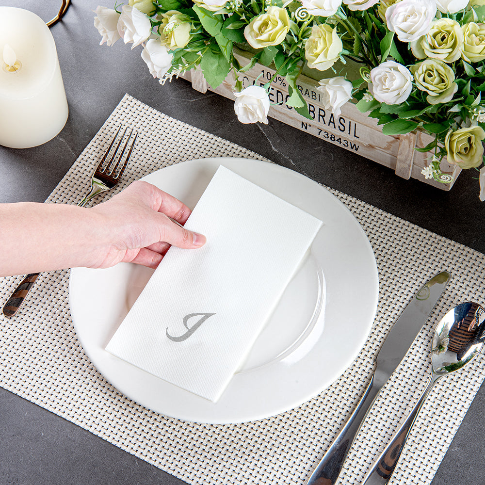 Luxenap Rectangle Silver Letter I White Paper Linen-Feel Guest Towel / Napkin - Air Laid, Cursive Font - 15 3/4" x 8" - 2000 count box
