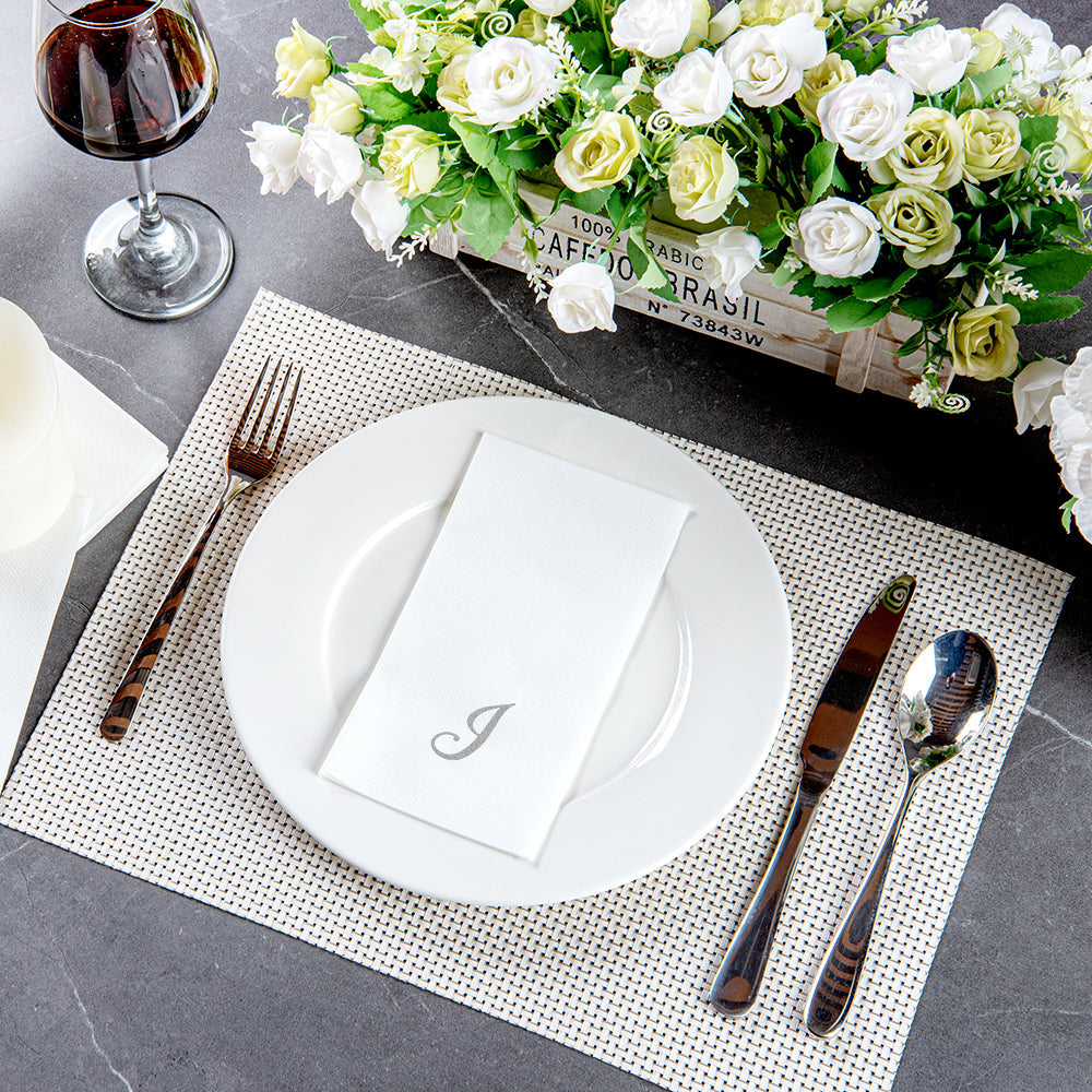 Luxenap Rectangle Silver Letter J White Paper Linen-Feel Guest Towel / Napkin - Air Laid, Cursive Font - 15 3/4" x 8" - 2000 count box