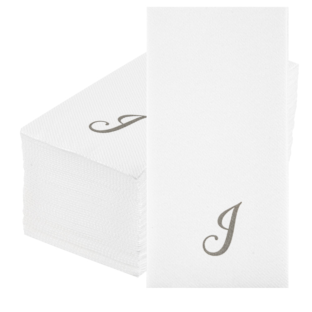 Luxenap Rectangle Silver Letter J White Paper Linen-Feel Guest Towel / Napkin - Air Laid, Cursive Font - 15 3/4" x 8" - 50 count box