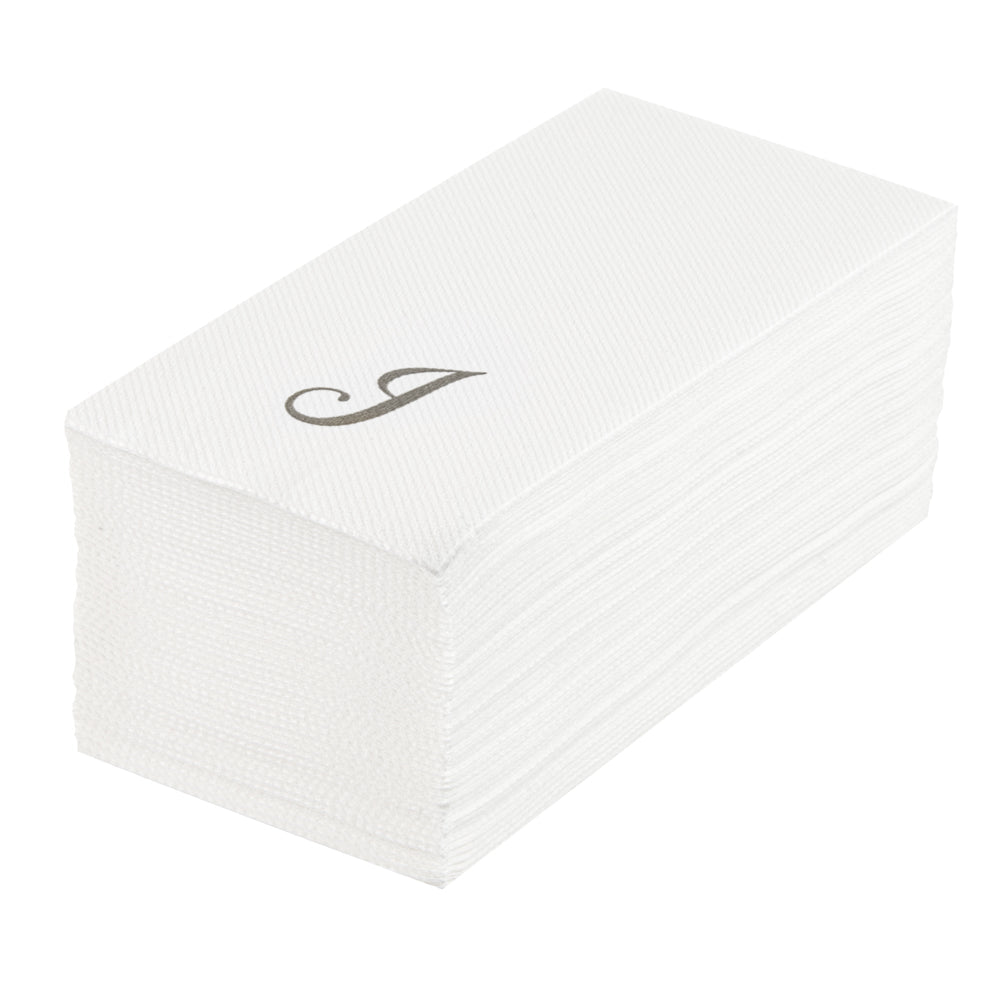 Luxenap Rectangle Silver Letter J White Paper Linen-Feel Guest Towel / Napkin - Air Laid, Cursive Font - 15 3/4" x 8" - 50 count box