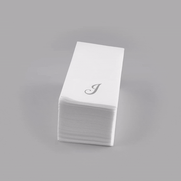 Luxenap Rectangle Silver Letter J White Paper Linen-Feel Guest Towel / Napkin - Air Laid, Cursive Font - 15 3/4" x 8" - 50 count box