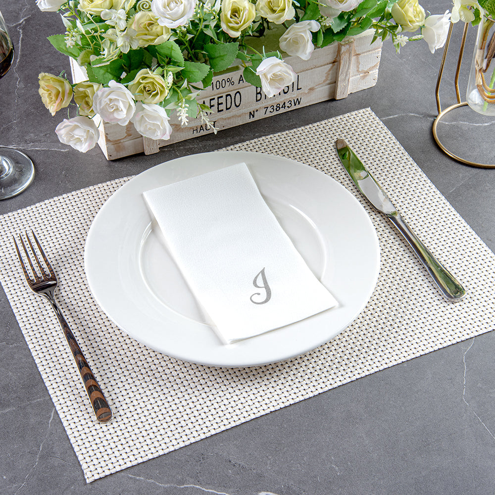 Luxenap Rectangle Silver Letter J White Paper Linen-Feel Guest Towel / Napkin - Air Laid, Cursive Font - 15 3/4" x 8" - 2000 count box