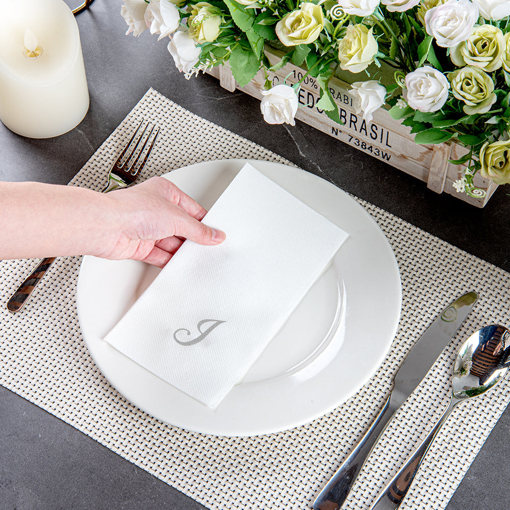 Luxenap Rectangle Silver Letter J White Paper Linen-Feel Guest Towel / Napkin - Air Laid, Cursive Font - 15 3/4" x 8" - 2000 count box