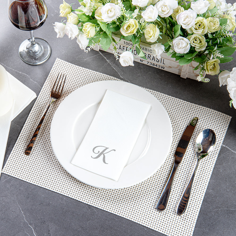Luxenap Rectangle Silver Letter K White Paper Linen-Feel Guest Towel / Napkin - Air Laid, Cursive Font - 15 3/4" x 8" - 2000 count box