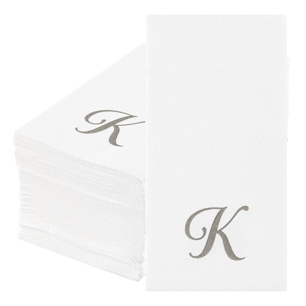 Luxenap Rectangle Silver Letter K White Paper Linen-Feel Guest Towel / Napkin - Air Laid, Cursive Font - 15 3/4" x 8" - 50 count box