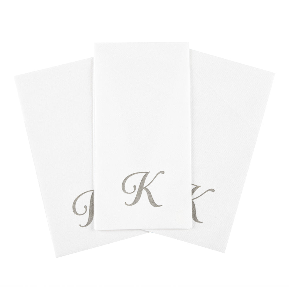 Luxenap Rectangle Silver Letter K White Paper Linen-Feel Guest Towel / Napkin - Air Laid, Cursive Font - 15 3/4" x 8" - 50 count box