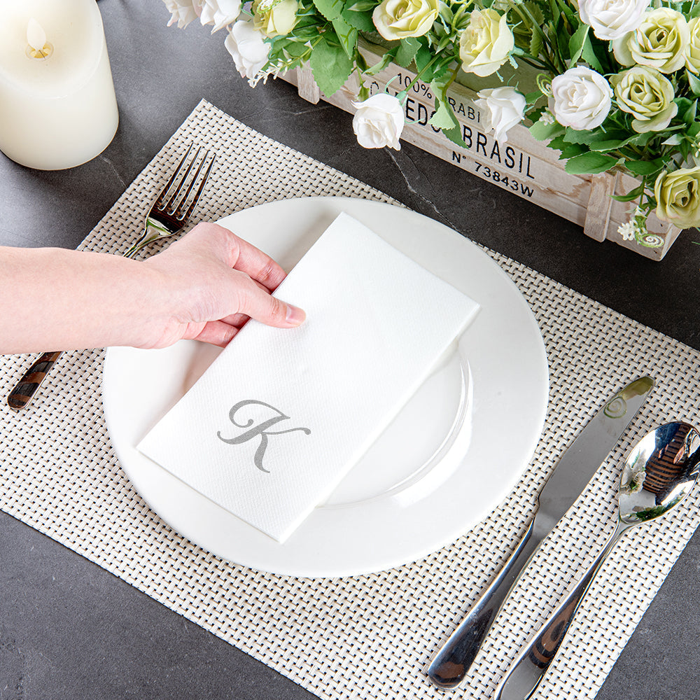 Luxenap Rectangle Silver Letter K White Paper Linen-Feel Guest Towel / Napkin - Air Laid, Cursive Font - 15 3/4" x 8" - 50 count box