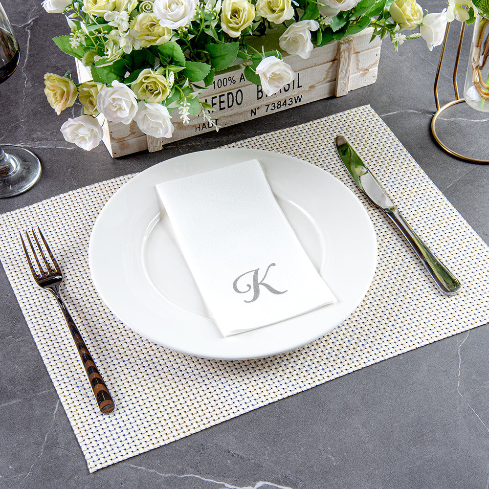 Luxenap Rectangle Silver Letter K White Paper Linen-Feel Guest Towel / Napkin - Air Laid, Cursive Font - 15 3/4" x 8" - 2000 count box