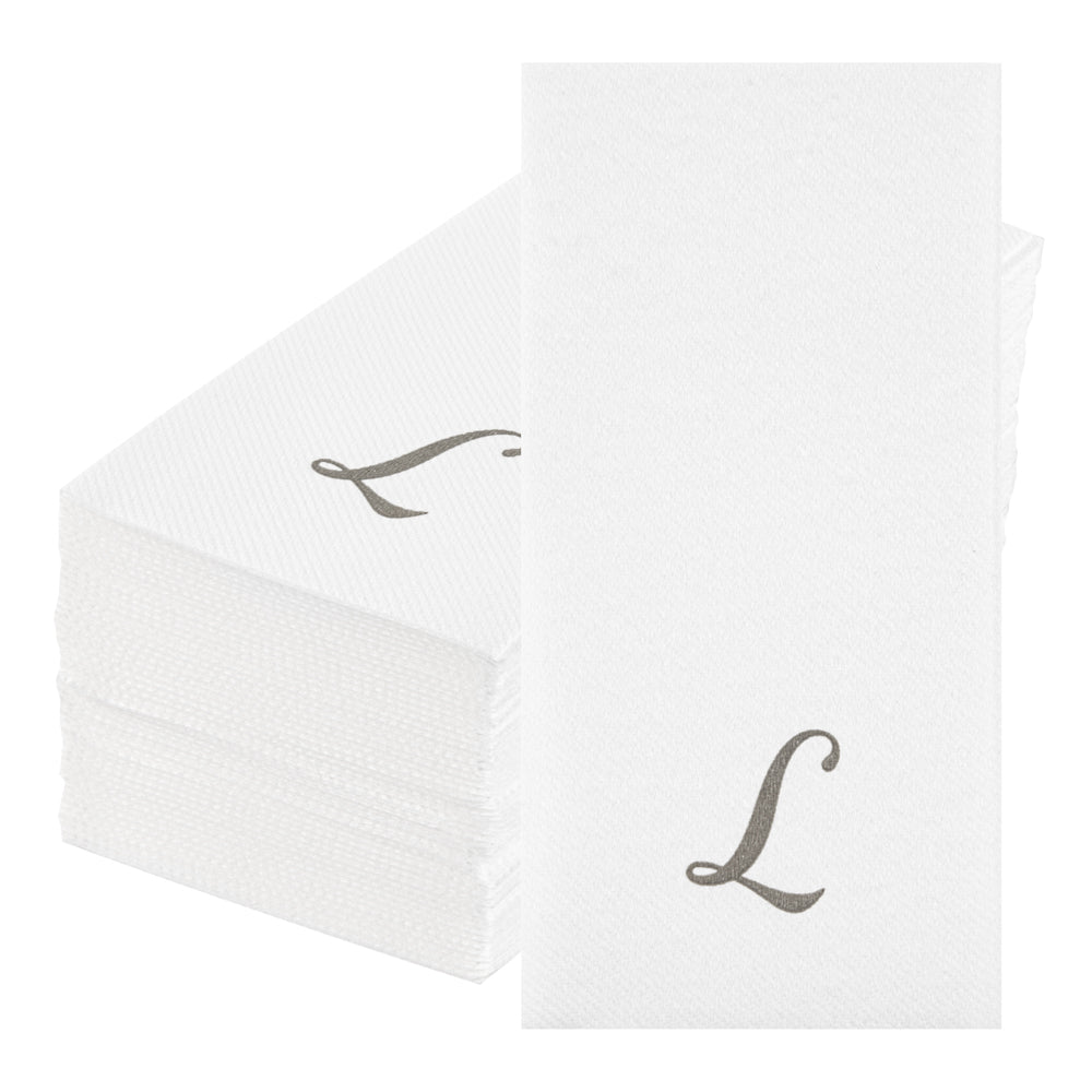 Luxenap Rectangle Silver Letter L White Paper Linen-Feel Guest Towel / Napkin - Air Laid, Cursive Font - 15 3/4" x 8" - 50 count box