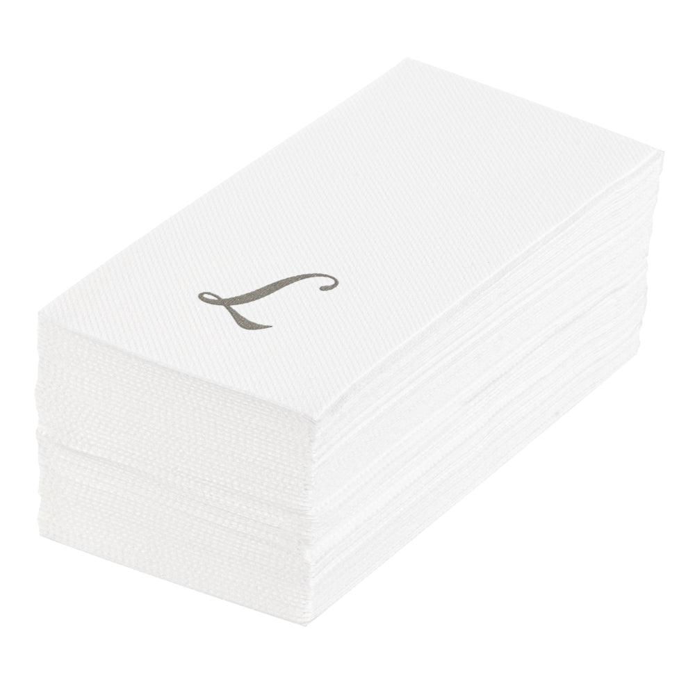 Luxenap Rectangle Silver Letter L White Paper Linen-Feel Guest Towel / Napkin - Air Laid, Cursive Font - 15 3/4" x 8" - 50 count box