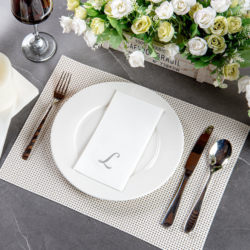 Luxenap Rectangle Silver Letter L White Paper Linen-Feel Guest Towel / Napkin - Air Laid, Cursive Font - 15 3/4" x 8" - 50 count box