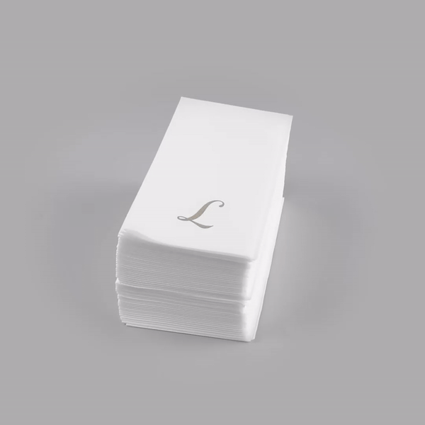 Luxenap Rectangle Silver Letter L White Paper Linen-Feel Guest Towel / Napkin - Air Laid, Cursive Font - 15 3/4" x 8" - 50 count box