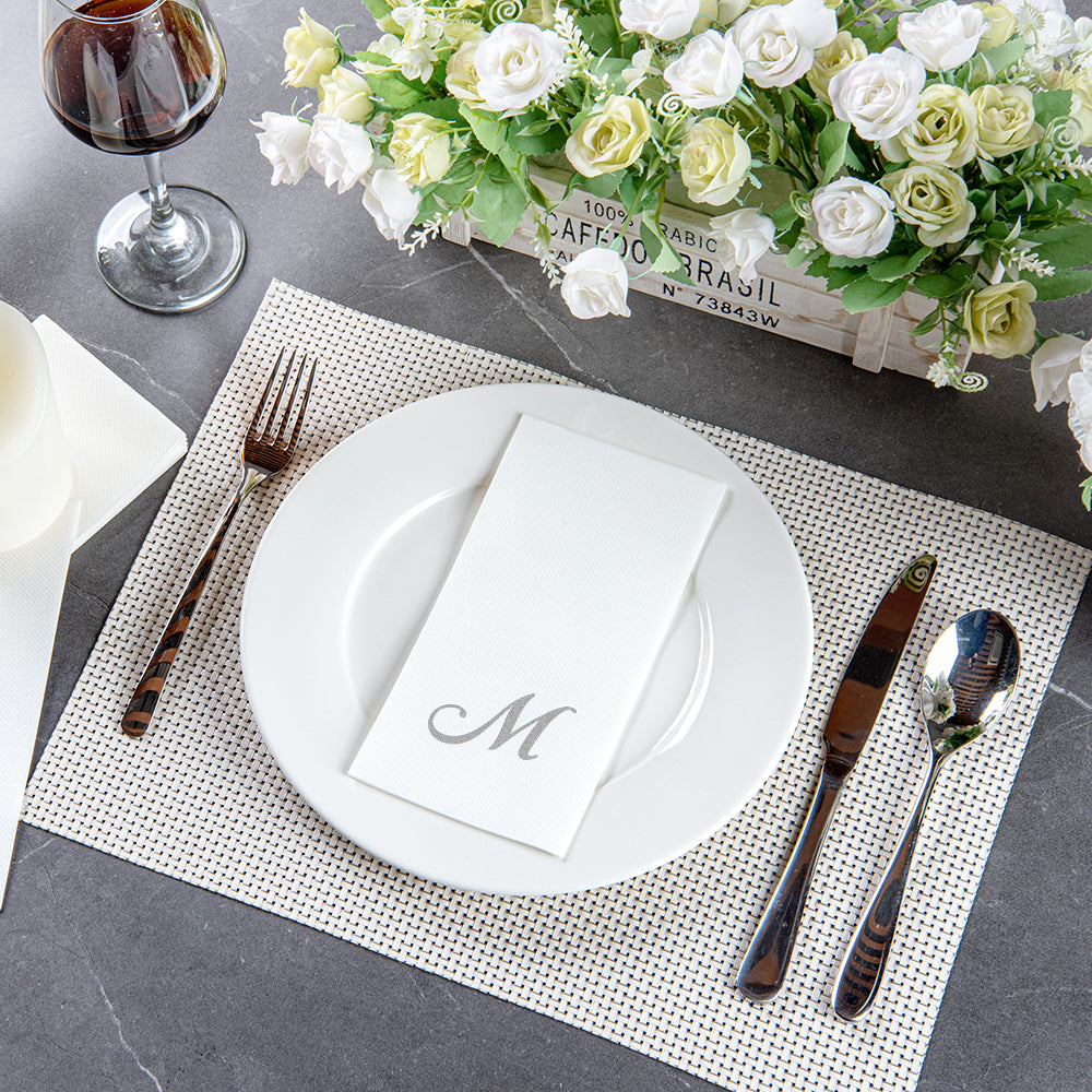 Luxenap Rectangle Silver Letter M White Paper Linen-Feel Guest Towel / Napkin - Air Laid, Cursive Font - 15 3/4" x 8" - 2000 count box