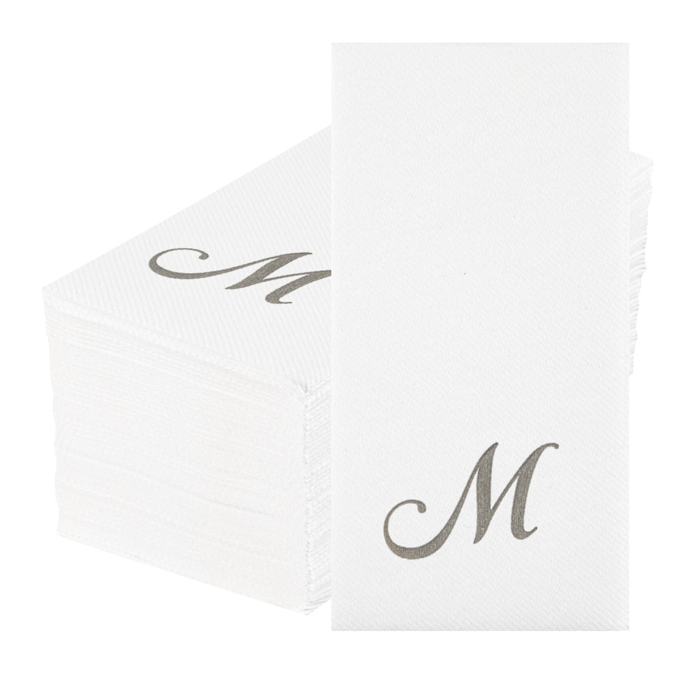 Luxenap Rectangle Silver Letter M White Paper Linen-Feel Guest Towel / Napkin - Air Laid, Cursive Font - 15 3/4" x 8" - 50 count box
