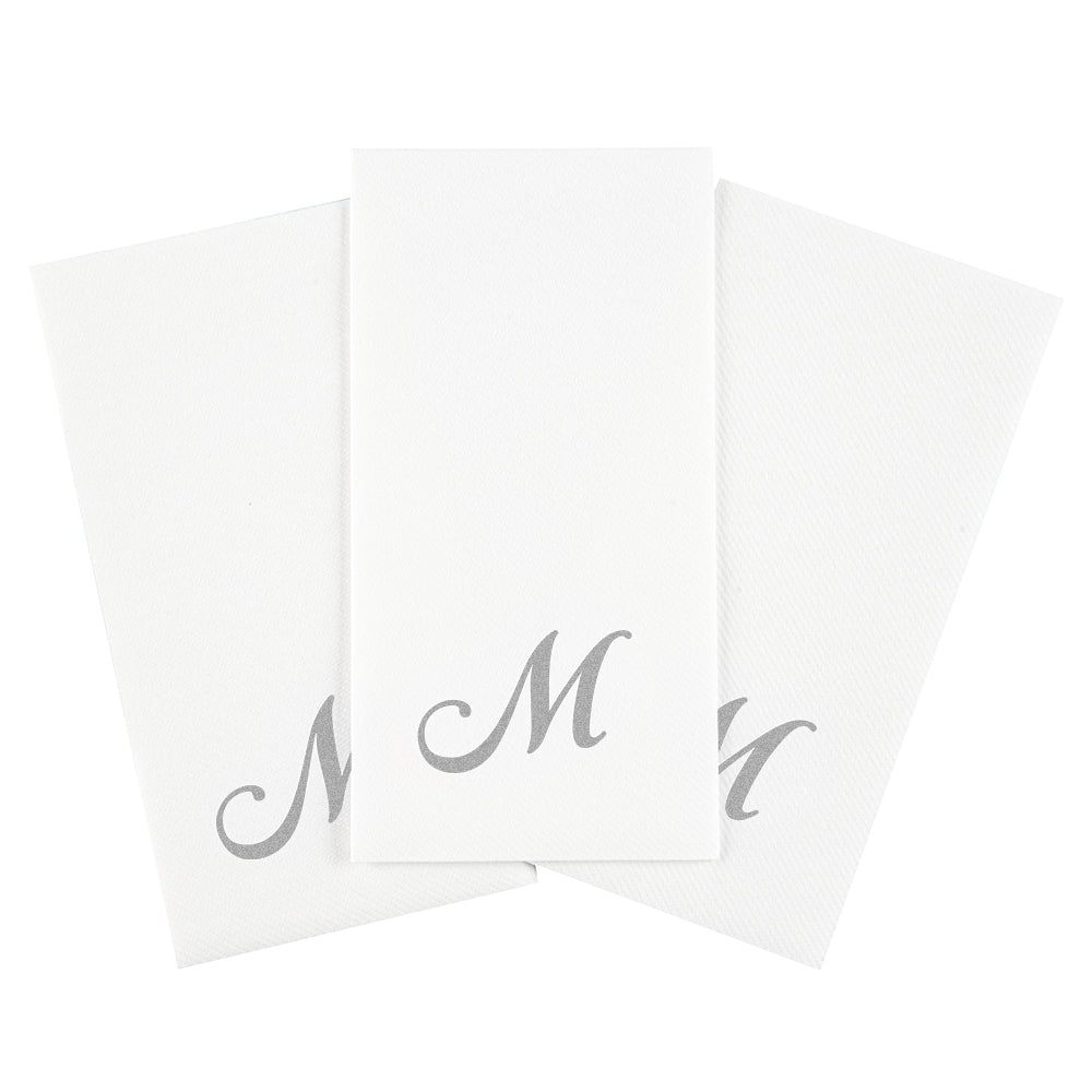 Luxenap Rectangle Silver Letter M White Paper Linen-Feel Guest Towel / Napkin - Air Laid, Cursive Font - 15 3/4" x 8" - 50 count box