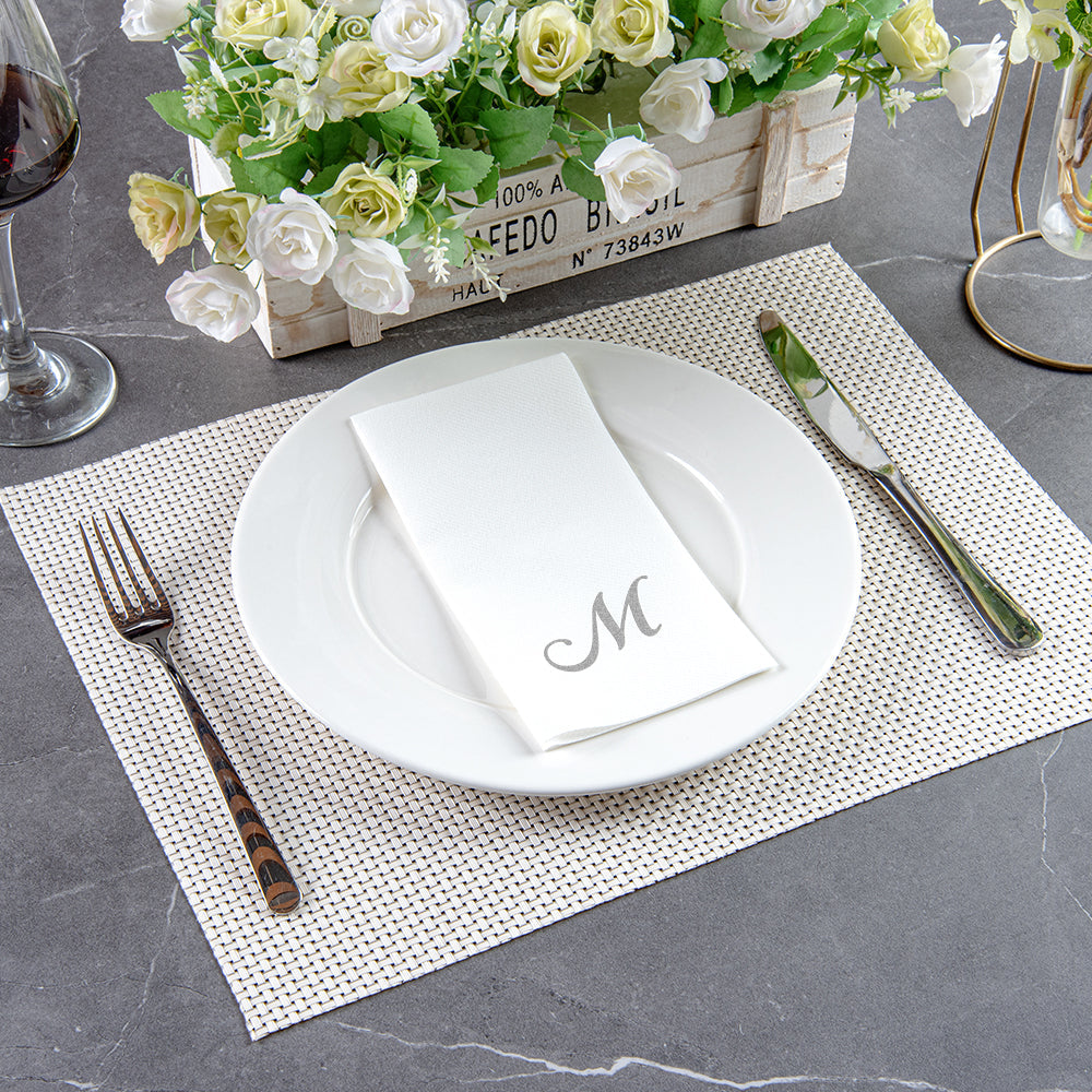 Luxenap Rectangle Silver Letter M White Paper Linen-Feel Guest Towel / Napkin - Air Laid, Cursive Font - 15 3/4" x 8" - 50 count box