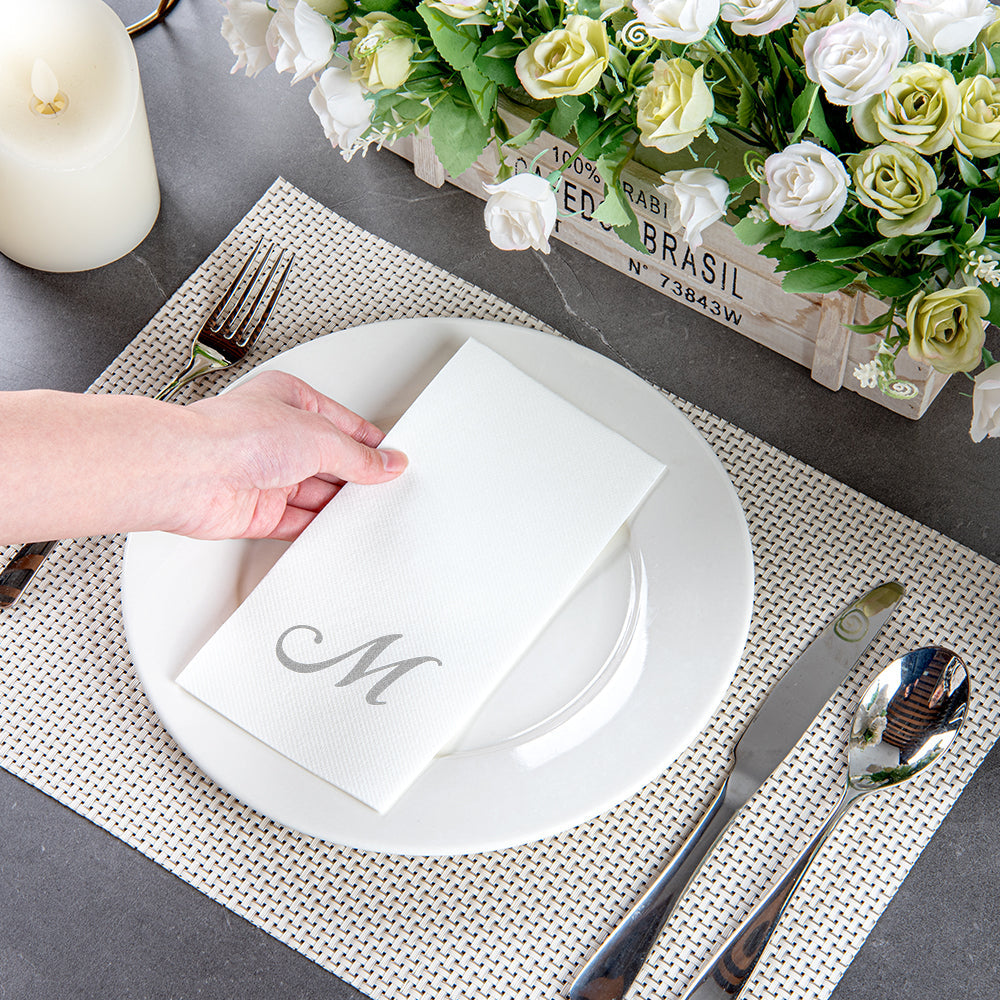 Luxenap Rectangle Silver Letter M White Paper Linen-Feel Guest Towel / Napkin - Air Laid, Cursive Font - 15 3/4" x 8" - 2000 count box