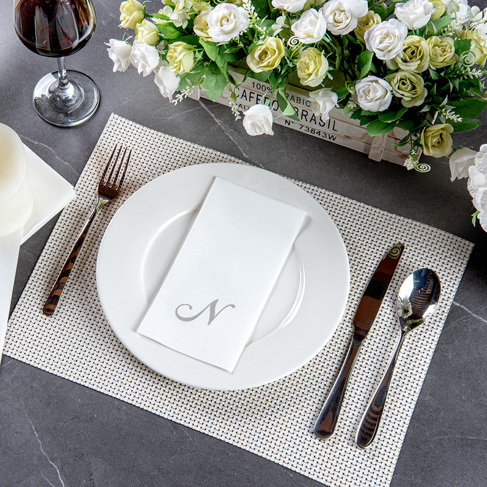 Luxenap Rectangle Silver Letter N White Paper Linen-Feel Guest Towel / Napkin - Air Laid, Cursive Font - 15 3/4" x 8" - 2000 count box