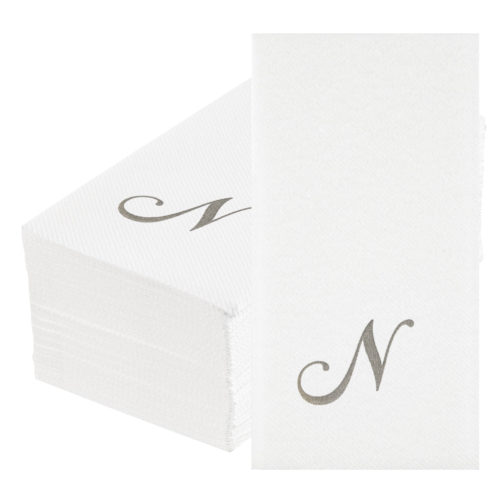 Luxenap Rectangle Silver Letter N White Paper Linen-Feel Guest Towel / Napkin - Air Laid, Cursive Font - 15 3/4" x 8" - 50 count box