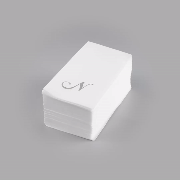 Luxenap Rectangle Silver Letter N White Paper Linen-Feel Guest Towel / Napkin - Air Laid, Cursive Font - 15 3/4" x 8" - 50 count box