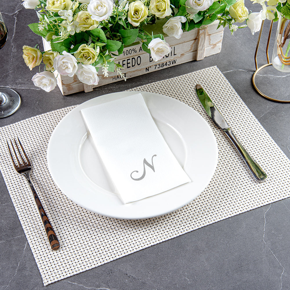 Luxenap Rectangle Silver Letter N White Paper Linen-Feel Guest Towel / Napkin - Air Laid, Cursive Font - 15 3/4" x 8" - 50 count box