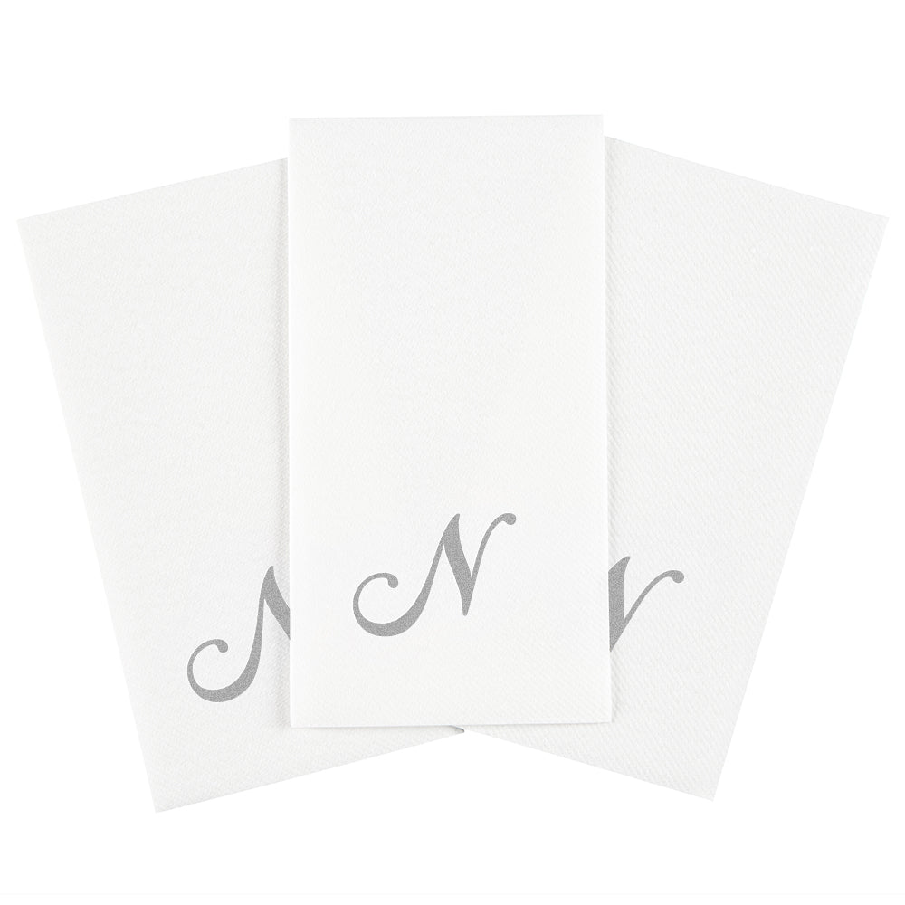 Luxenap Rectangle Silver Letter N White Paper Linen-Feel Guest Towel / Napkin - Air Laid, Cursive Font - 15 3/4" x 8" - 2000 count box