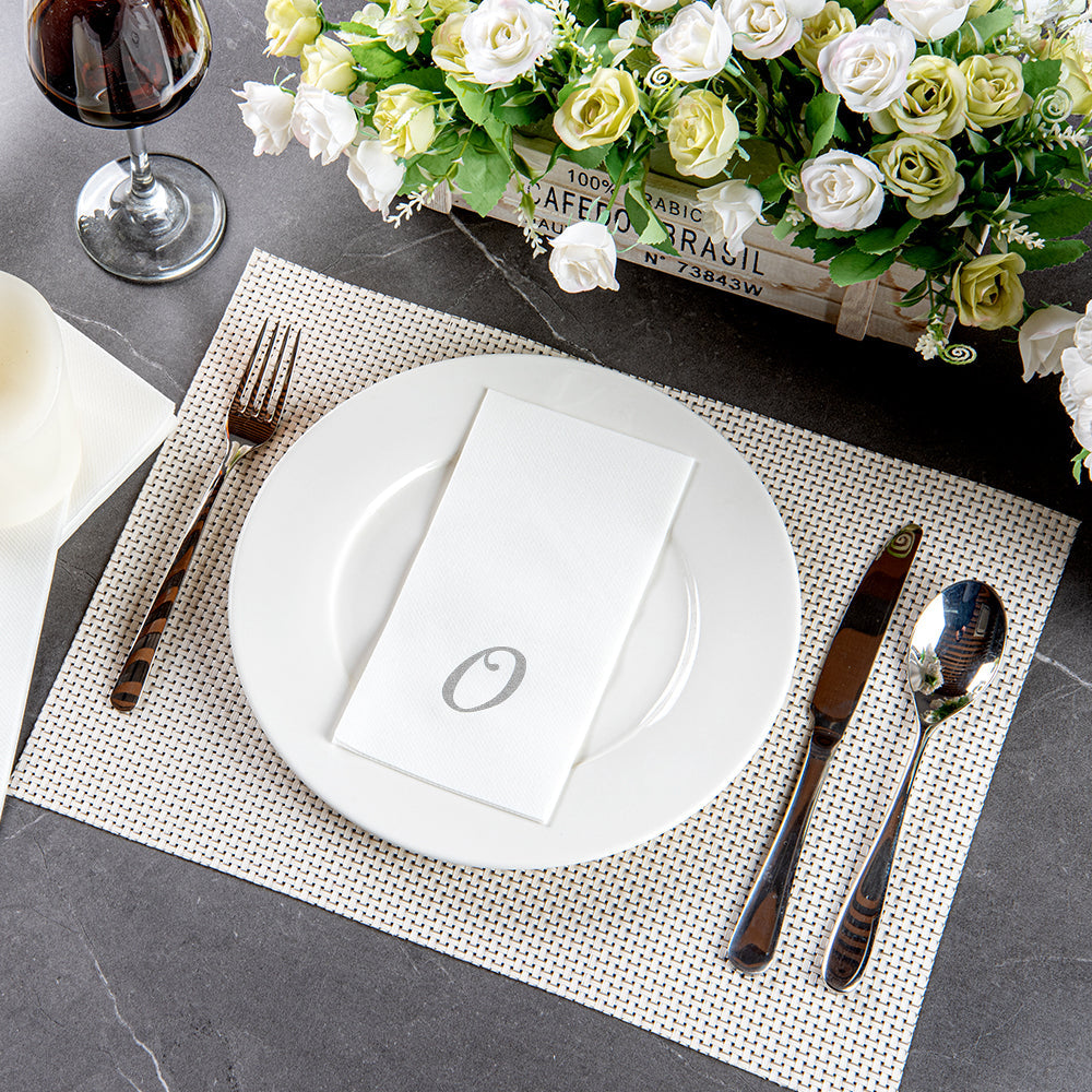 Luxenap Rectangle Silver Letter O White Paper Linen-Feel Guest Towel / Napkin - Air Laid, Cursive Font - 15 3/4" x 8" - 2000 count box