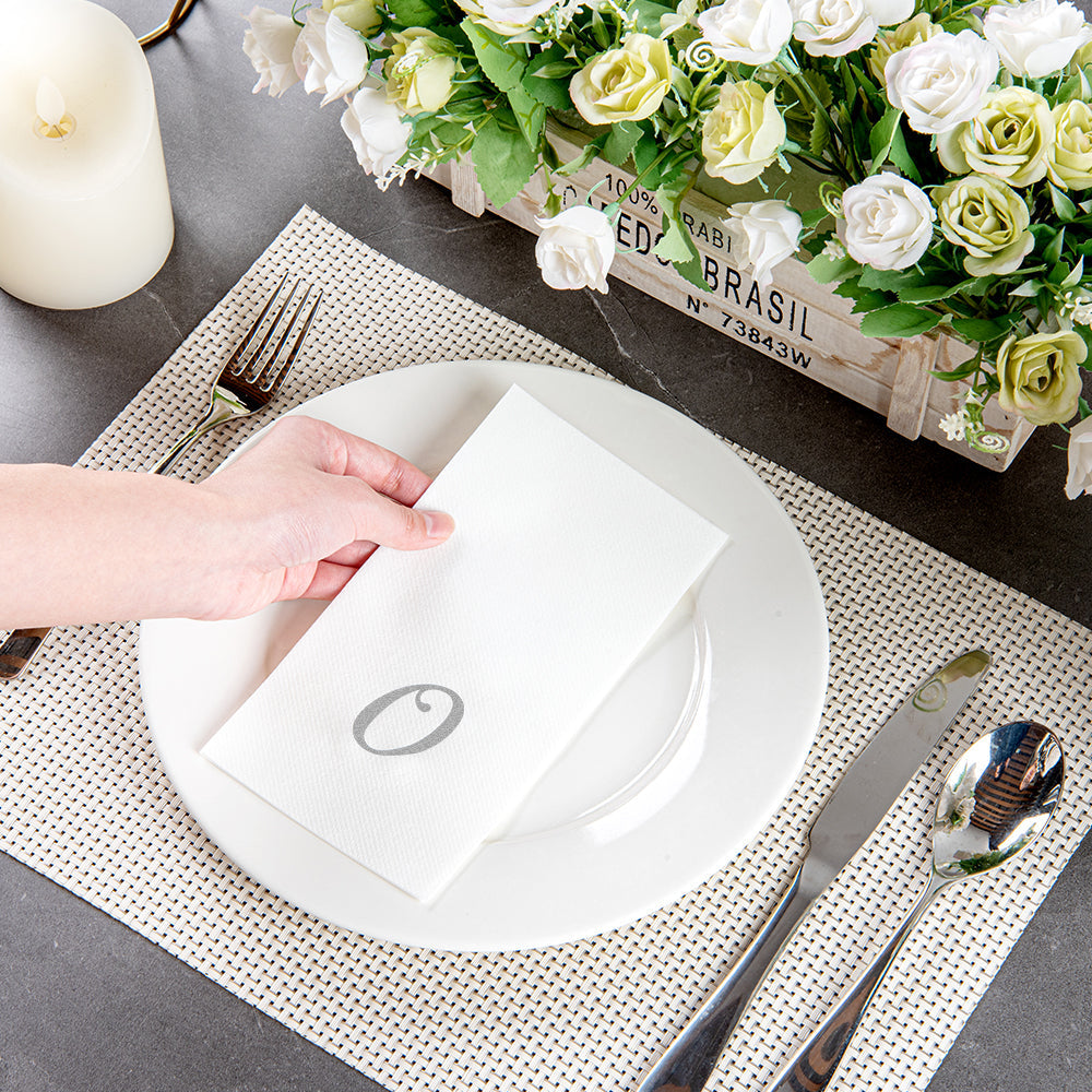 Luxenap Rectangle Silver Letter O White Paper Linen-Feel Guest Towel / Napkin - Air Laid, Cursive Font - 15 3/4" x 8" - 50 count box