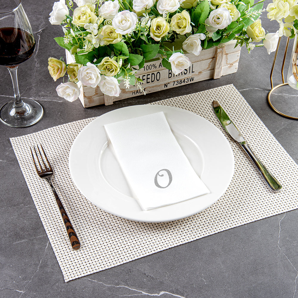 Luxenap Rectangle Silver Letter O White Paper Linen-Feel Guest Towel / Napkin - Air Laid, Cursive Font - 15 3/4" x 8" - 2000 count box