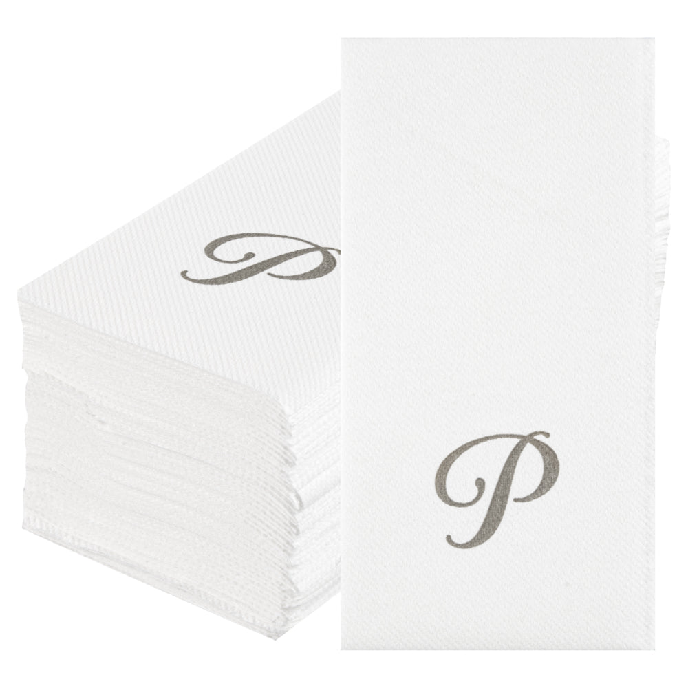 Luxenap Rectangle Silver Letter P White Paper Linen-Feel Guest Towel / Napkin - Air Laid, Cursive Font - 15 3/4" x 8" - 50 count box