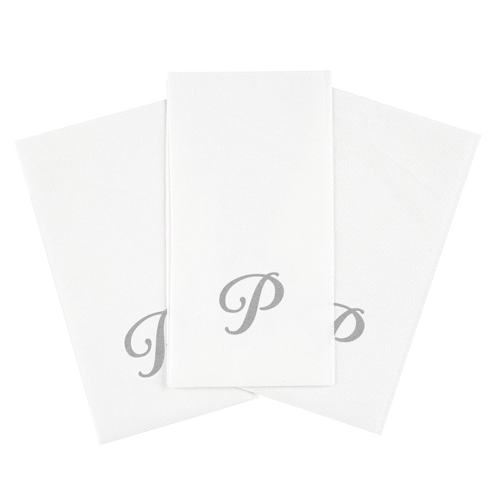 Luxenap Rectangle Silver Letter P White Paper Linen-Feel Guest Towel / Napkin - Air Laid, Cursive Font - 15 3/4" x 8" - 2000 count box