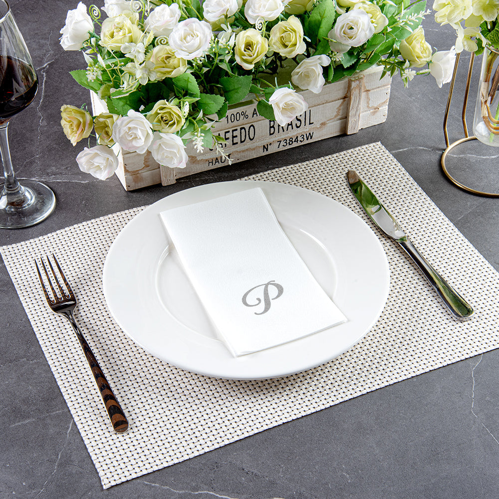 Luxenap Rectangle Silver Letter P White Paper Linen-Feel Guest Towel / Napkin - Air Laid, Cursive Font - 15 3/4" x 8" - 2000 count box