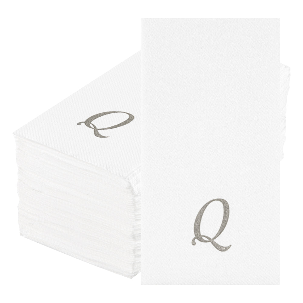 Luxenap Rectangle Silver Letter Q White Paper Linen-Feel Guest Towel / Napkin - Air Laid, Cursive Font - 15 3/4" x 8" - 50 count box