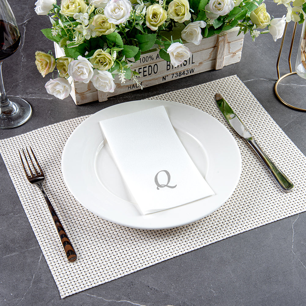 Luxenap Rectangle Silver Letter Q White Paper Linen-Feel Guest Towel / Napkin - Air Laid, Cursive Font - 15 3/4" x 8" - 2000 count box