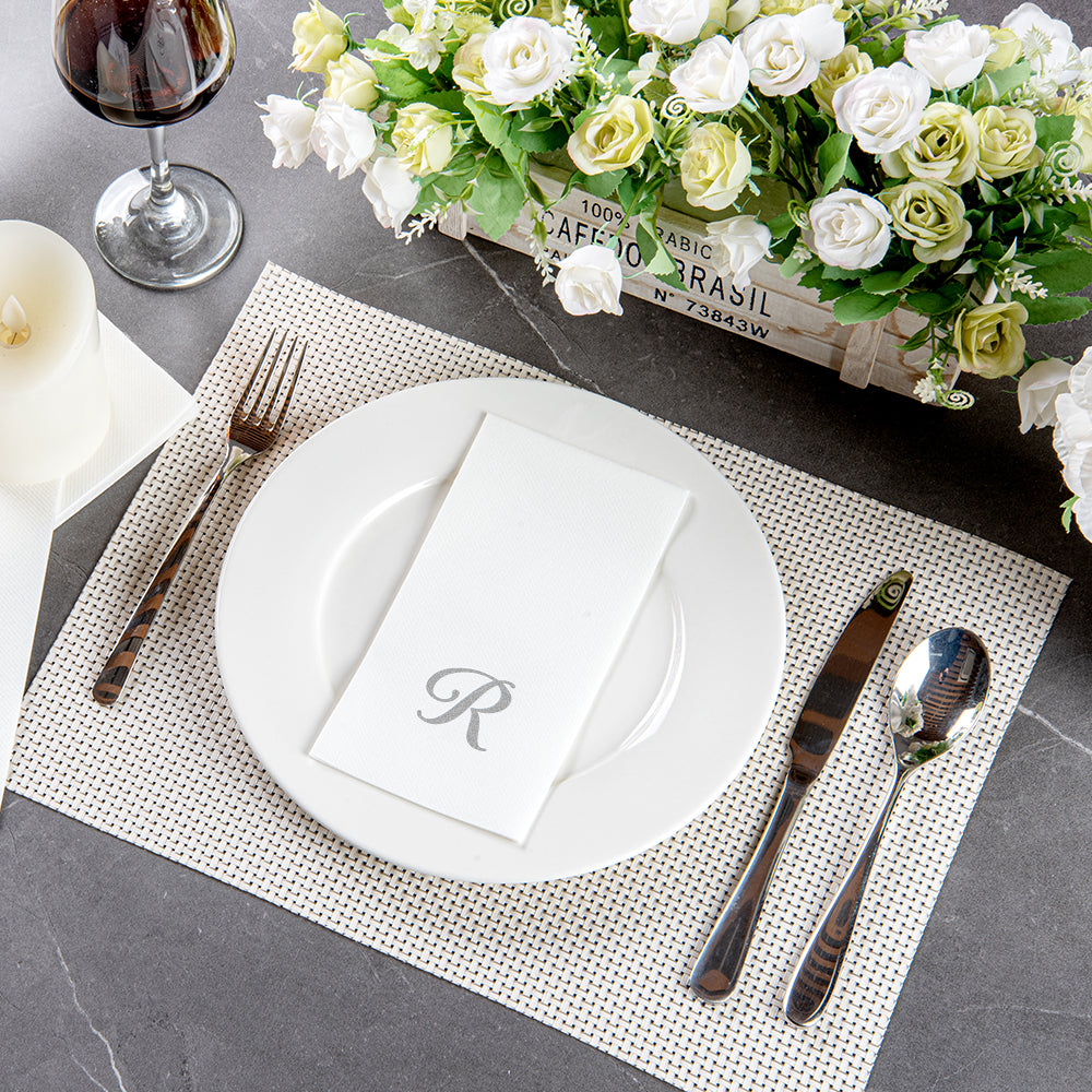 Luxenap Rectangle Silver Letter R White Paper Linen-Feel Guest Towel / Napkin - Air Laid, Cursive Font - 15 3/4" x 8" - 2000 count box