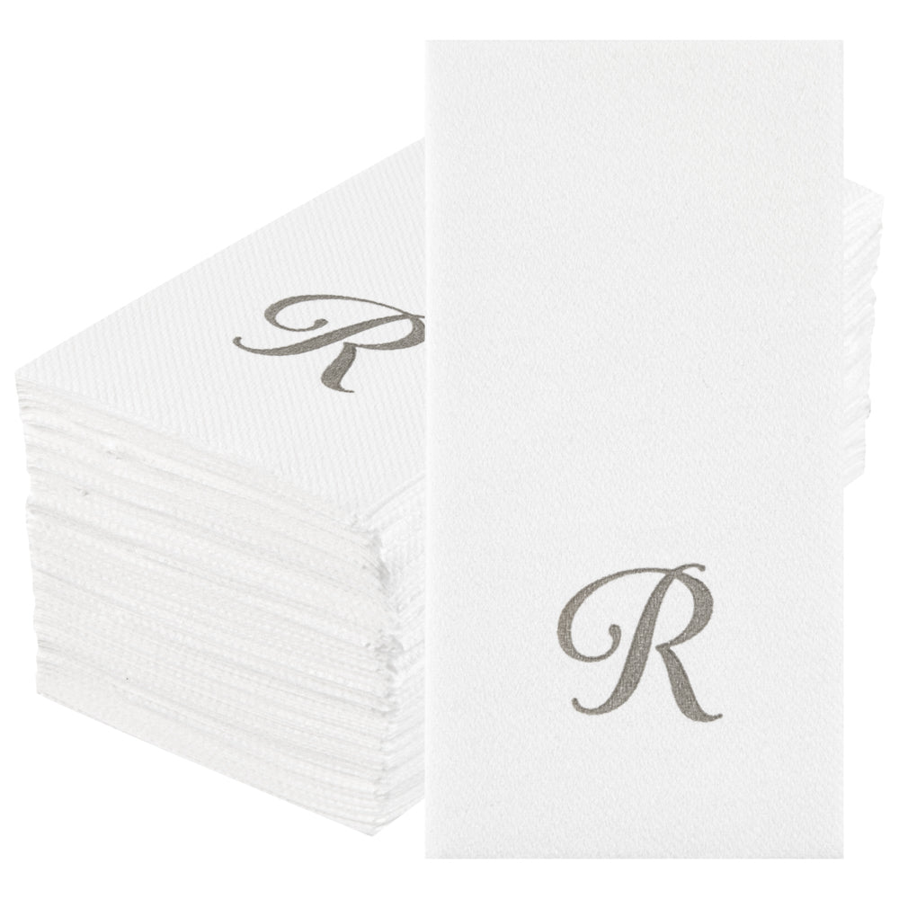 Luxenap Rectangle Silver Letter R White Paper Linen-Feel Guest Towel / Napkin - Air Laid, Cursive Font - 15 3/4" x 8" - 50 count box