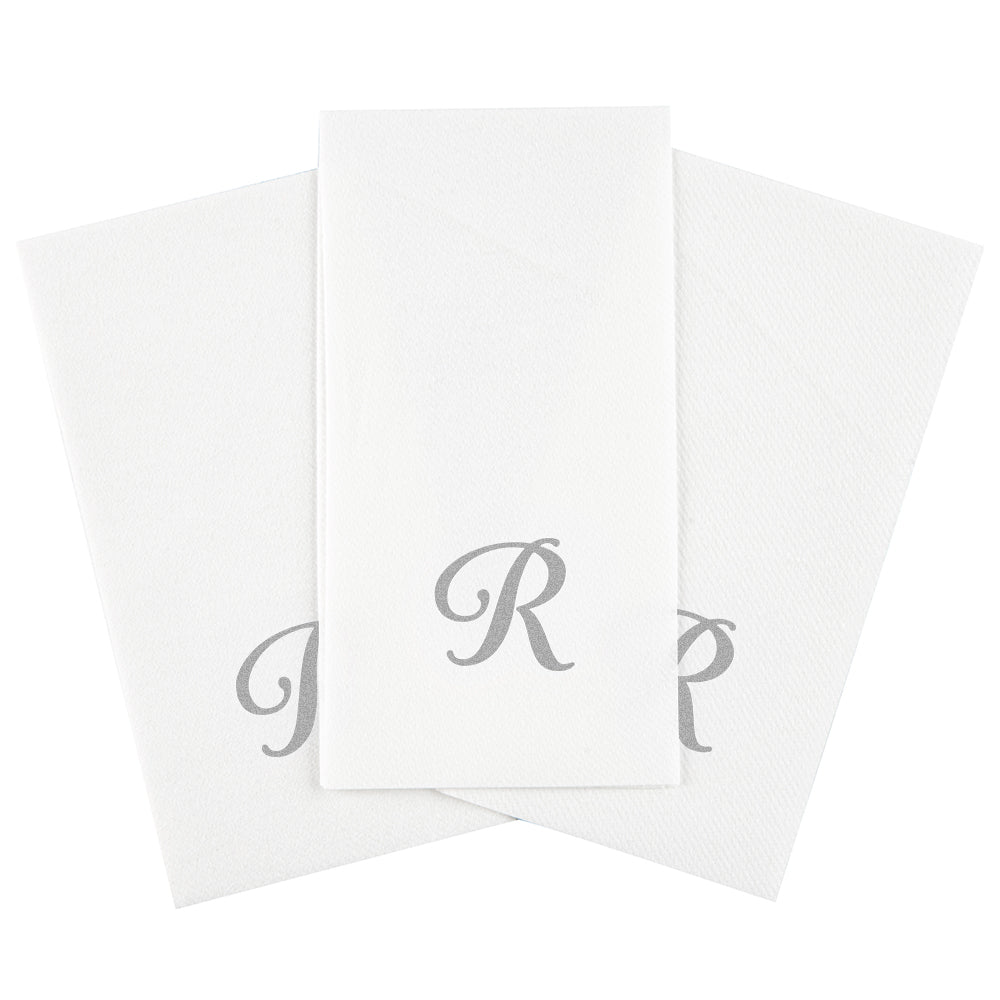 Luxenap Rectangle Silver Letter R White Paper Linen-Feel Guest Towel / Napkin - Air Laid, Cursive Font - 15 3/4" x 8" - 50 count box