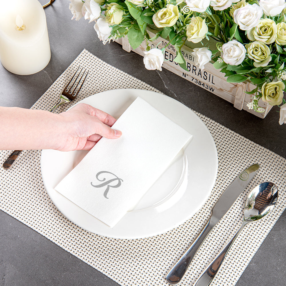 Luxenap Rectangle Silver Letter R White Paper Linen-Feel Guest Towel / Napkin - Air Laid, Cursive Font - 15 3/4" x 8" - 50 count box